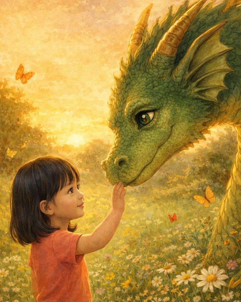 Child meeting a friendly dragon in classic storybook style
